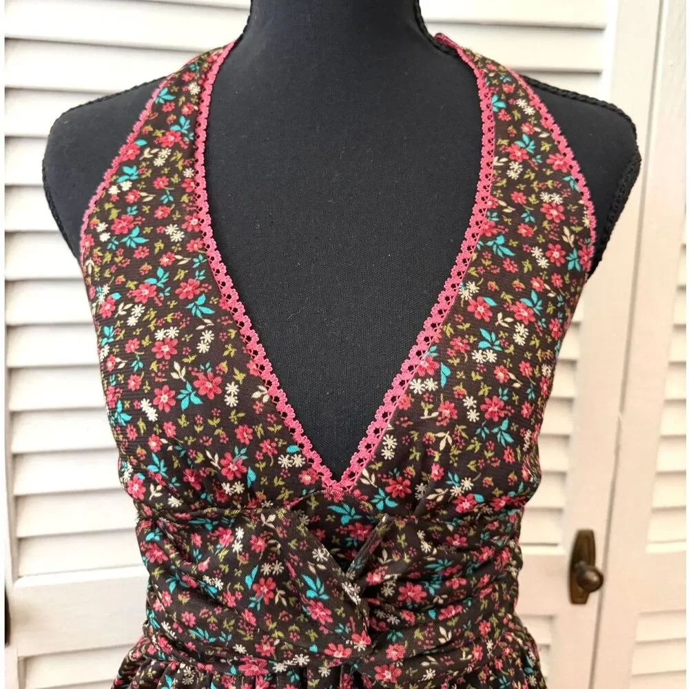 Vintage Y2K Candie's Ditsy Floral Ruched Front Pink Lace Halter Top Size S - Picture 2 of 6